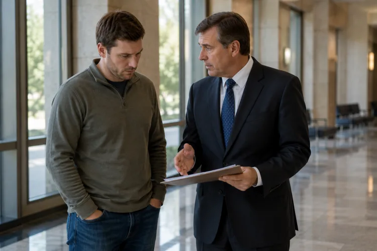 DUI defense attorney consulting with client in hallway of 52-1 district court Novi Michigan