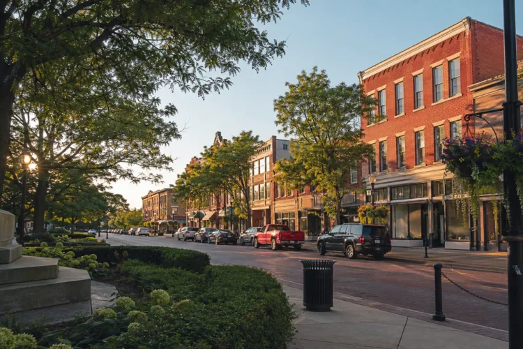 Downtown Plymouth, Michigan street lined with historic brick storefronts — our Plymouth DUI lawyer serves this community