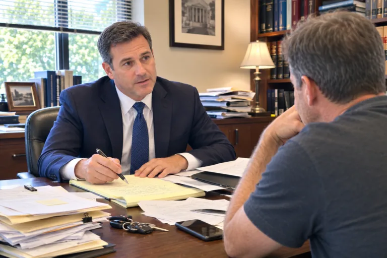 Sterling Heights DUI defense attorney reviewing a case with a client at the 41A District Court