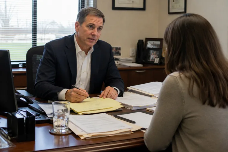 Rochester Hills OWI lawyer reviewing case notes with a client during an in-office consultation