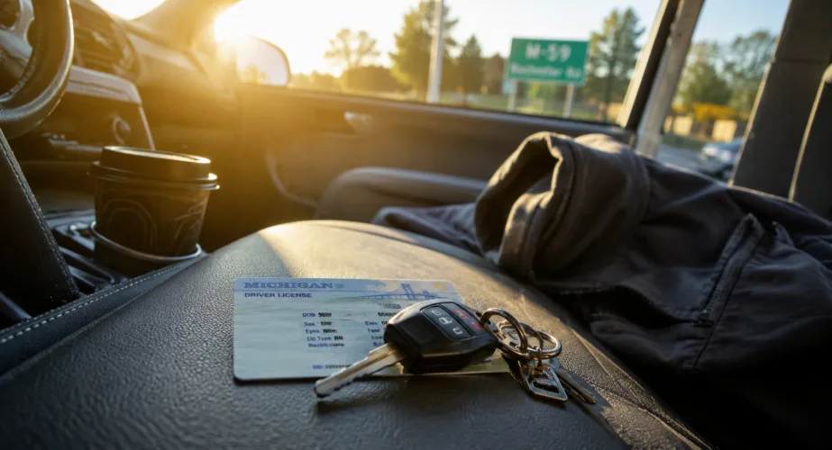 Michigan driver's license and keys on a car console near Rochester Road — Rochester Hills license restoration