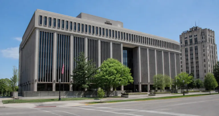 Macomb County criminal defense lawyer's view of the Macomb County Circuit Courthouse in Mount Clemens