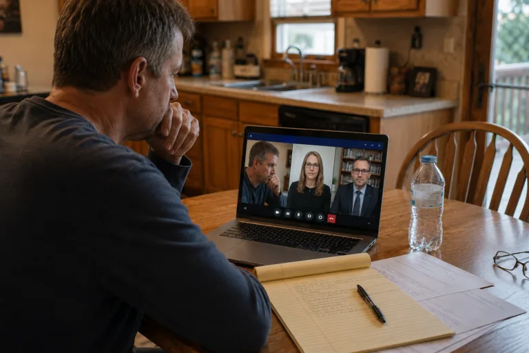 Man on a video call reviewing paperwork after a denied license restoration appeal